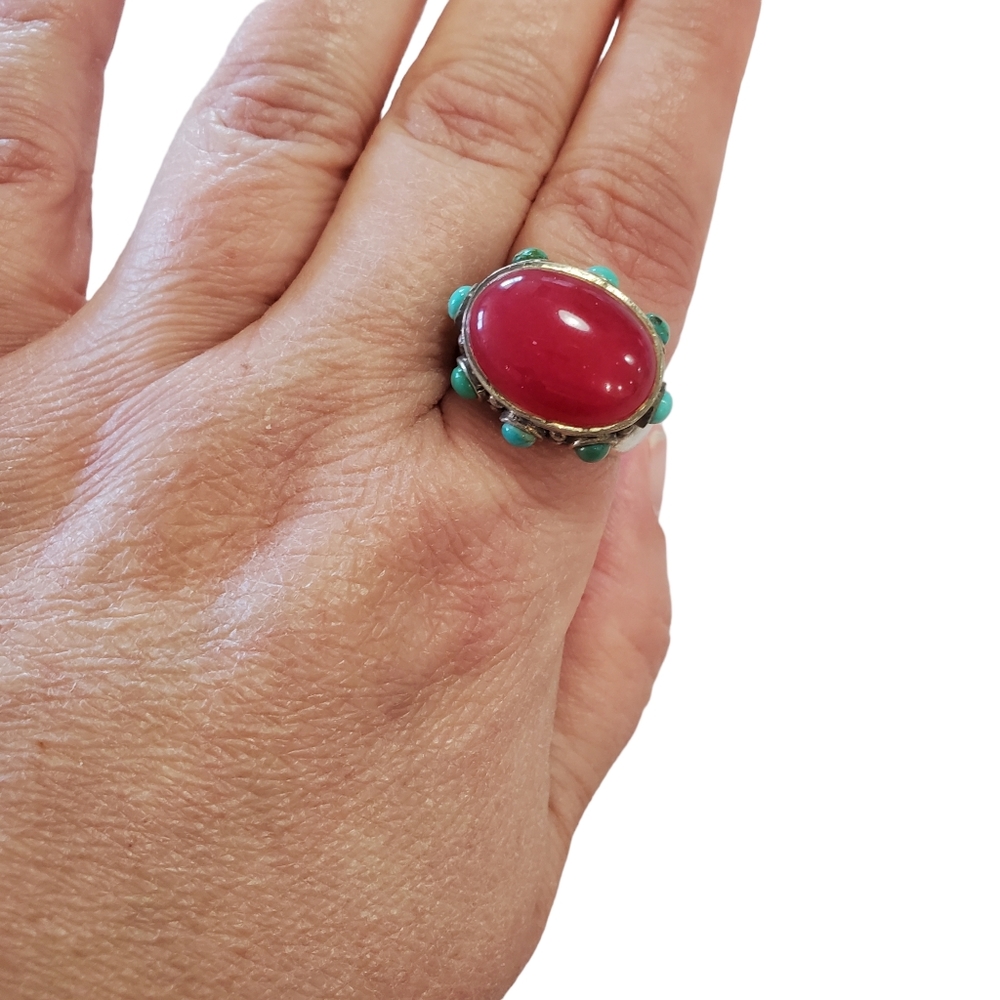 Vintage Sterling Large Turquoise and Gemstone Ring - Picture 4 of 15